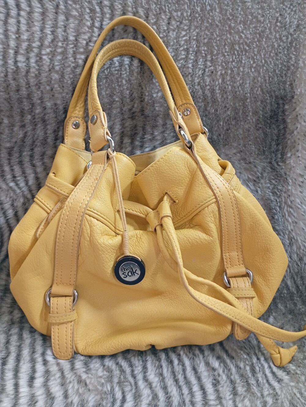 The Sak | Soft Yellow Leather Bucket Bag with Drawstring Detail
